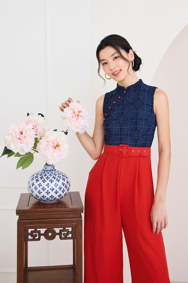 Orient Odyssey Cheongsam Romper In Blue Tangerine