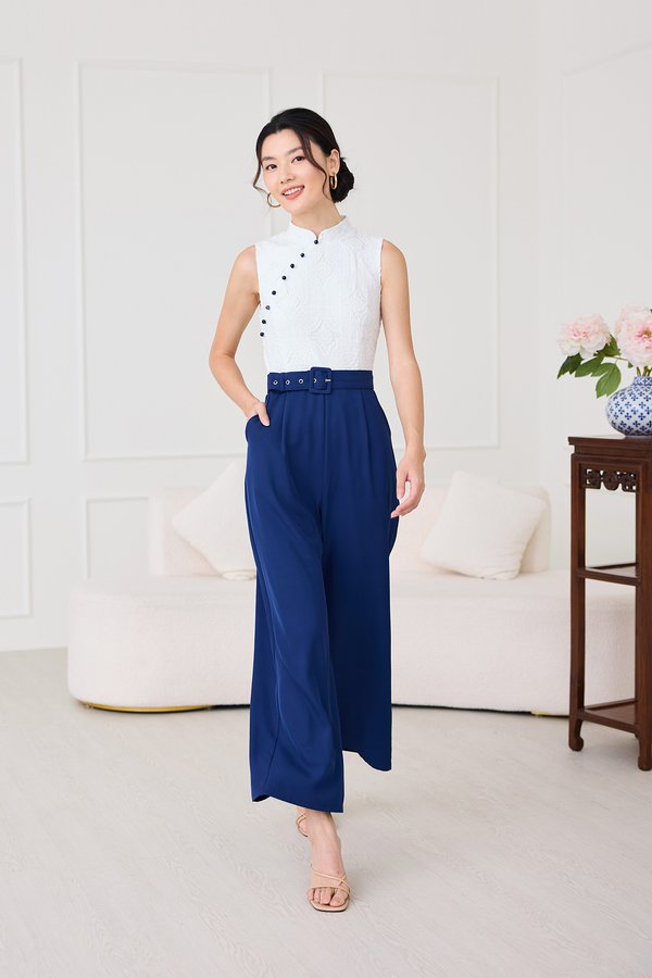 Orient Odyssey Cheongsam Romper In White Blue