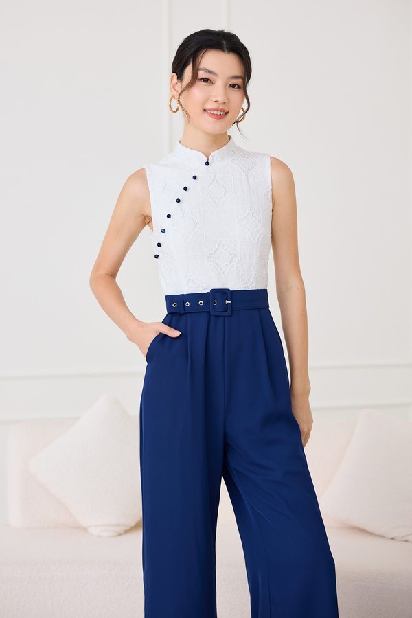 Orient Odyssey Cheongsam Romper In White Blue