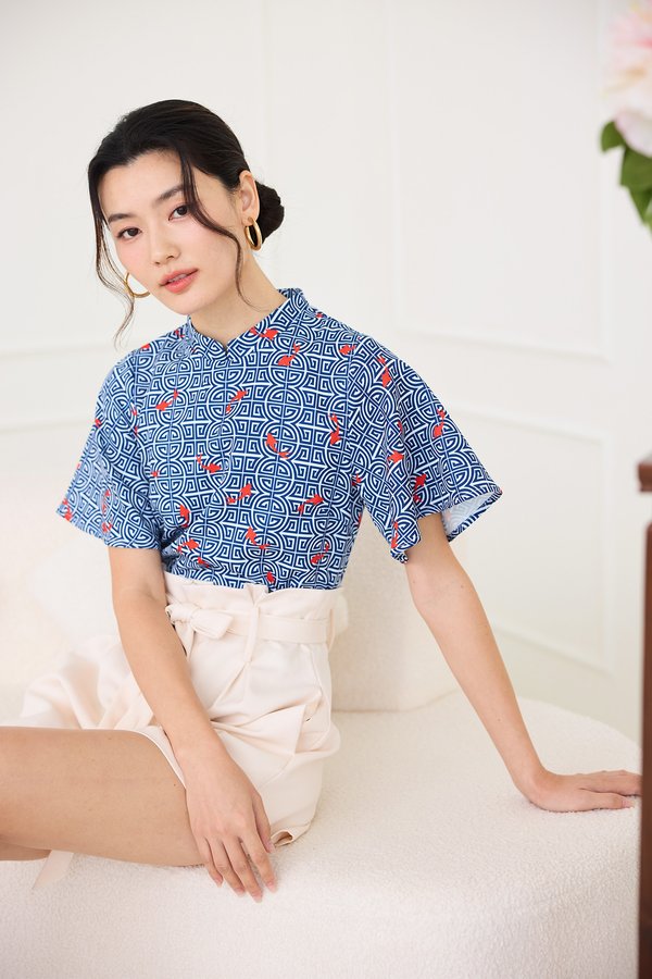 Spring Traditions Cheongsam Top In Blue Prints