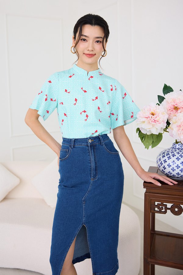 Spring Traditions Cheongsam Top In Cyan Prints