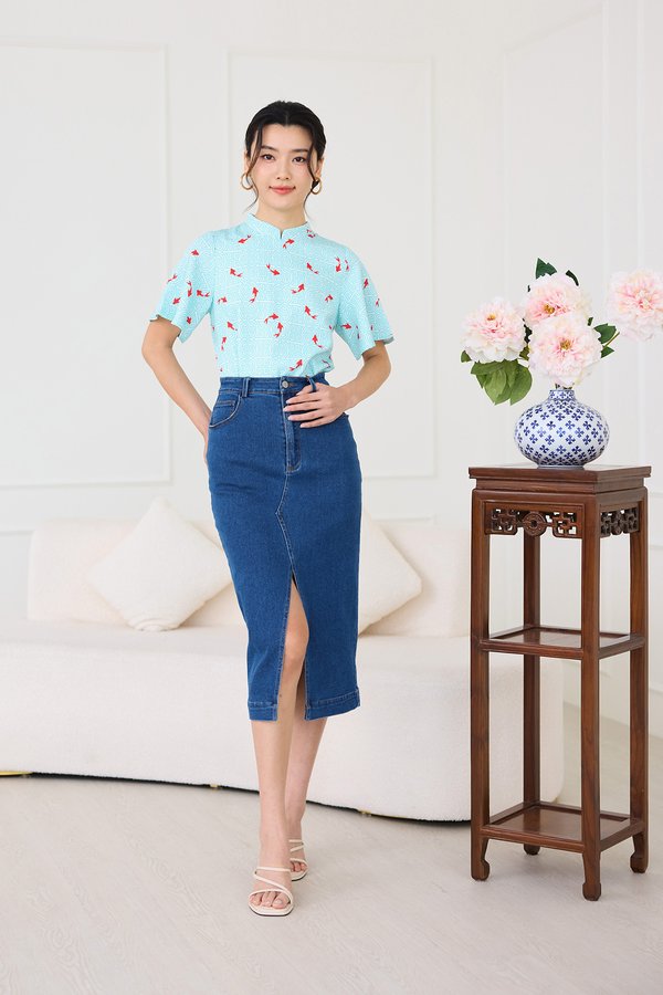 Spring Traditions Cheongsam Top In Cyan Prints