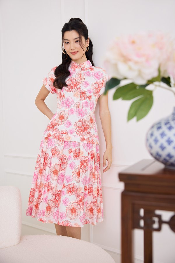 Georgia Dress In White Pink Florals