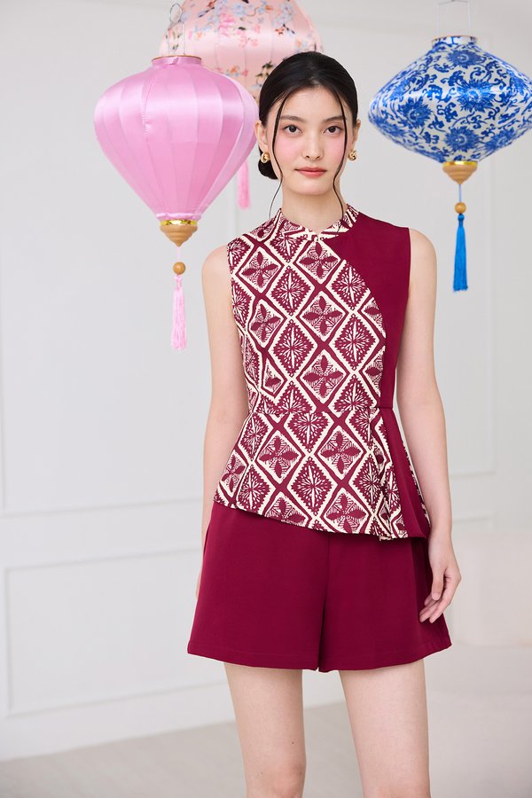 Treasure Trove Cheongsam Romper In Wine Red