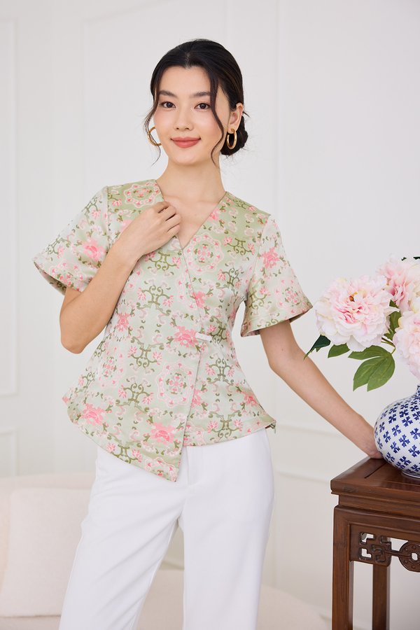 Odette Top In Pink Green Prints