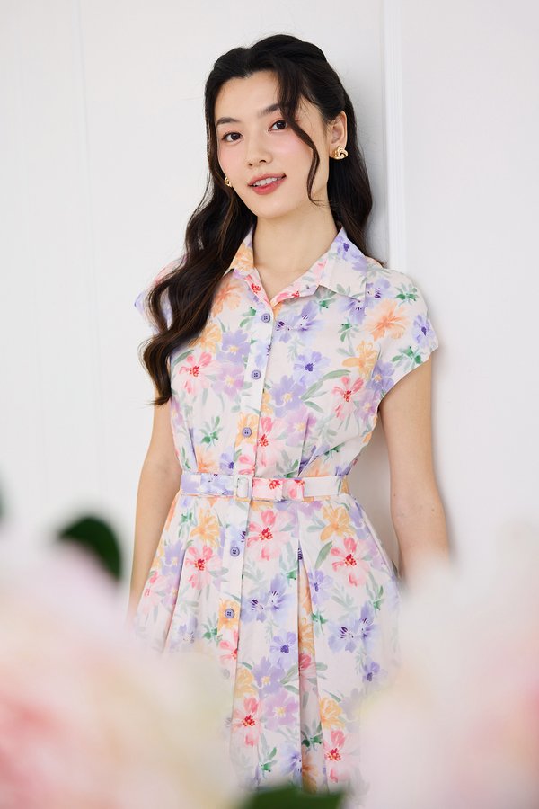 Kora Dress In Purple Marigold Florals