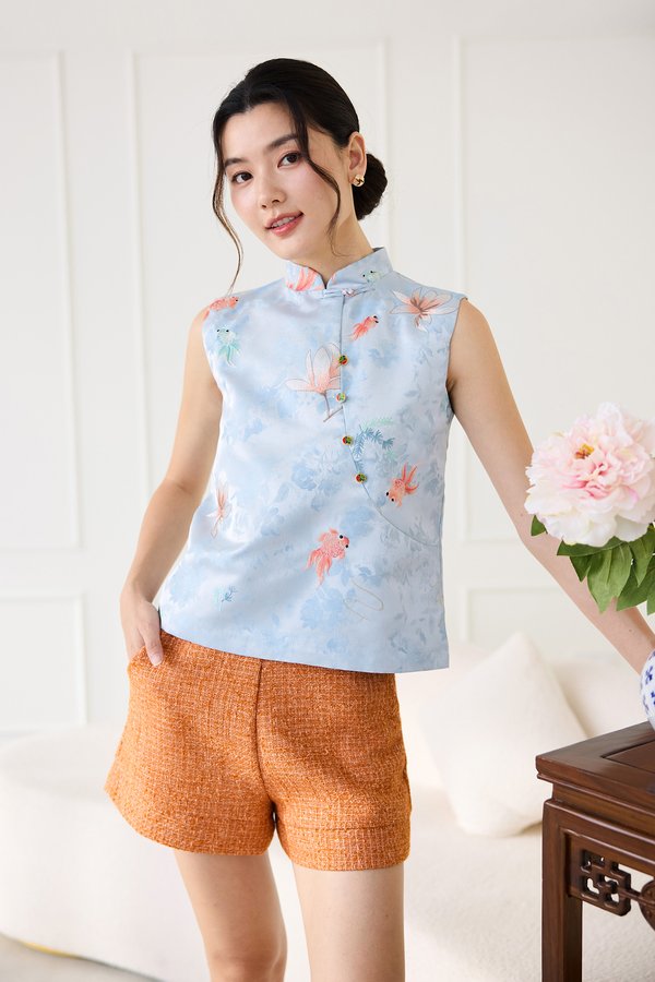Rising Fortunes Cheongsam Top In Blue Goldfish Prints