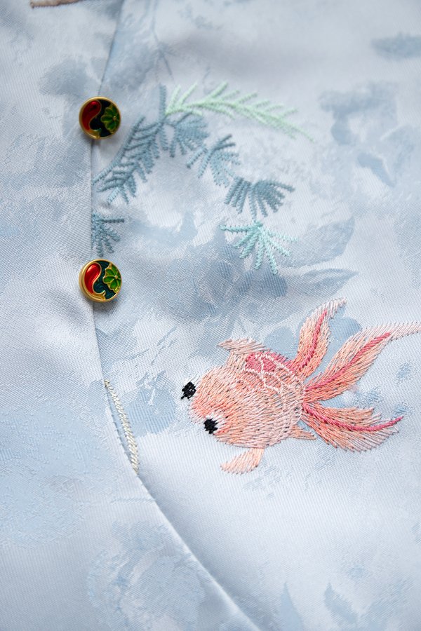 Rising Fortunes Cheongsam Top In Blue Goldfish Prints