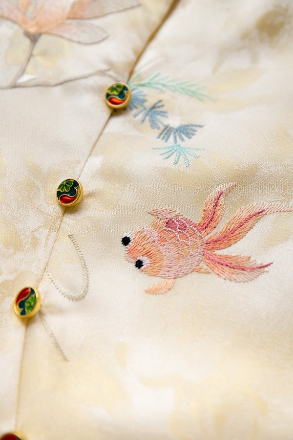 Rising Fortunes Cheongsam Top In Yellow Goldfish Prints