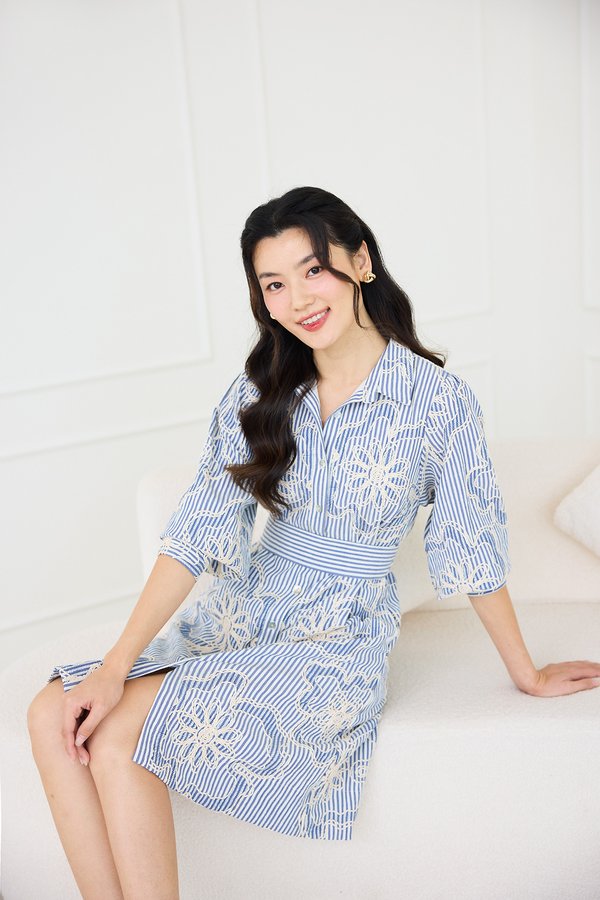 Hani Dress In Blue Striped Florals