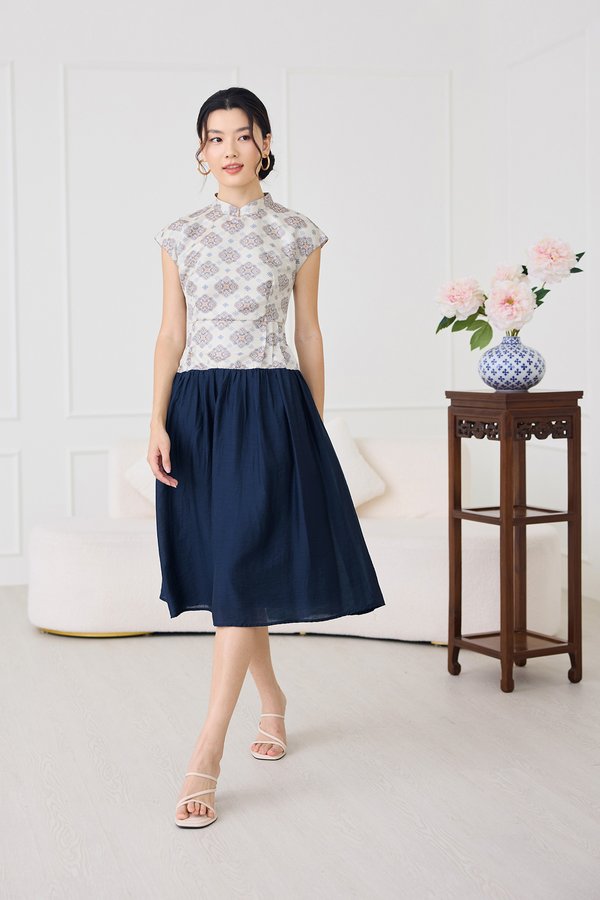 Spring Romance Cheongsam Dress In Blue Prints