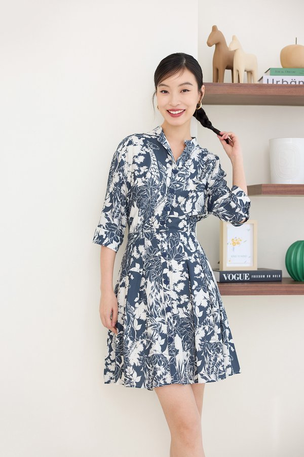 Fumiko Dress In Blue Grey Prints