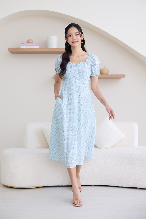 Junia Dress In Blue Gingham Florals