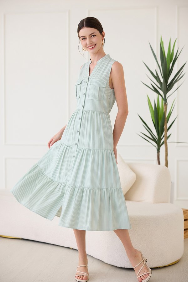 Cheyenne Dress In Sage Stripes