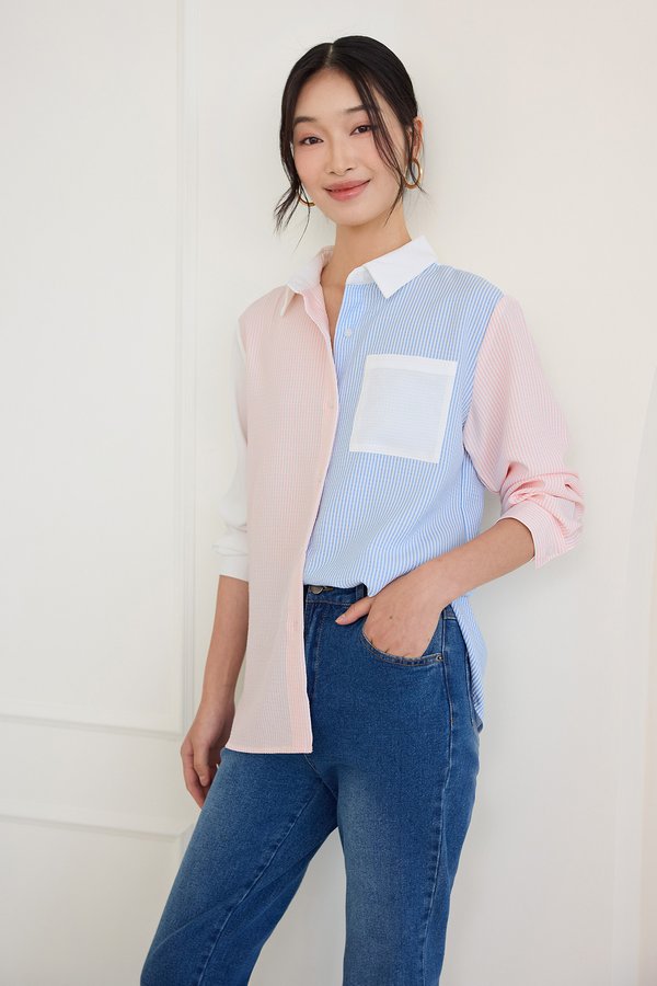 Nolan Top In Blue Pink Stripes