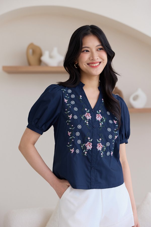 Lacey Top In Embroidered Blue