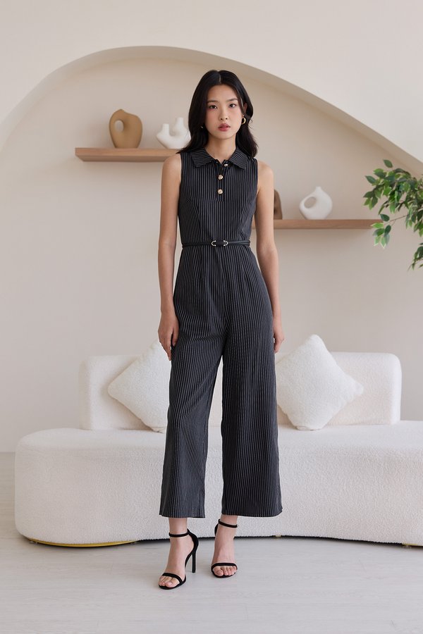 Daney Romper In Black Pinstripes