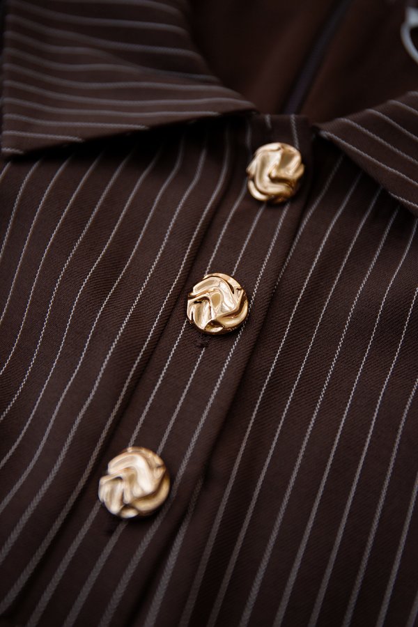 Daney Romper In Espresso Pinstripes
