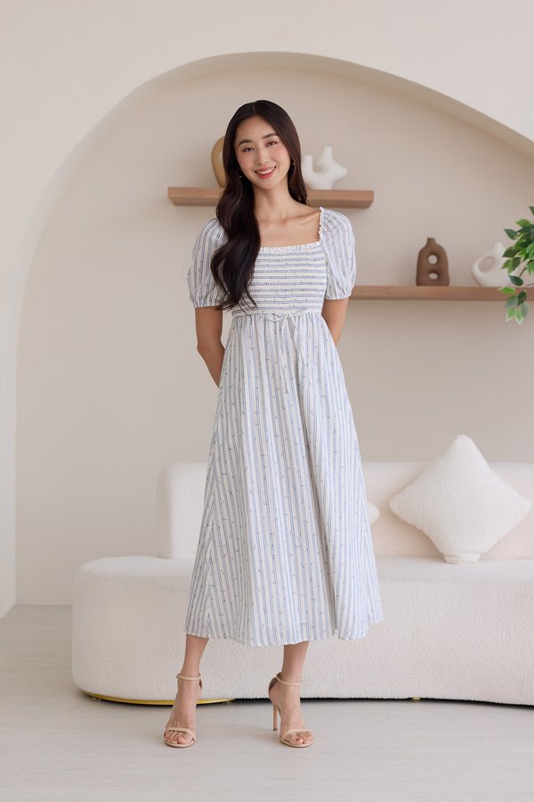 Katiya Dress In Blue Floral Stripes
