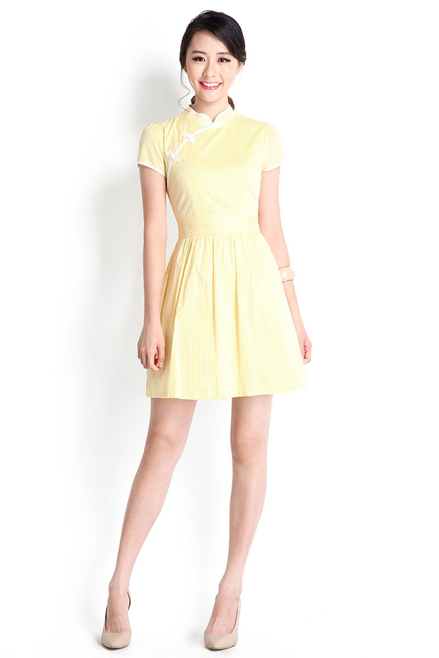 Keeping In Line Cheongsam Dress In Yellow Stripes