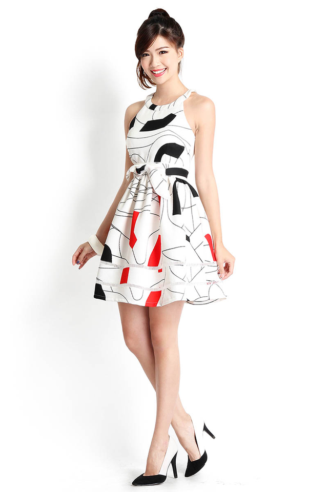 Sunday Club Dress In White Abstract Prints