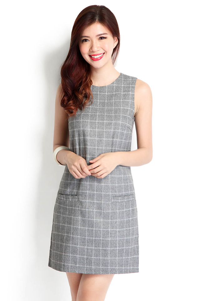 Hot Off The Press Dress In Grey Grids