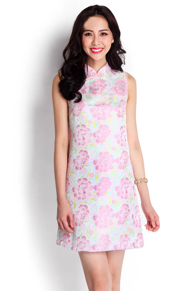 Faded Lilies Cheongsam Dress In Pink Florals