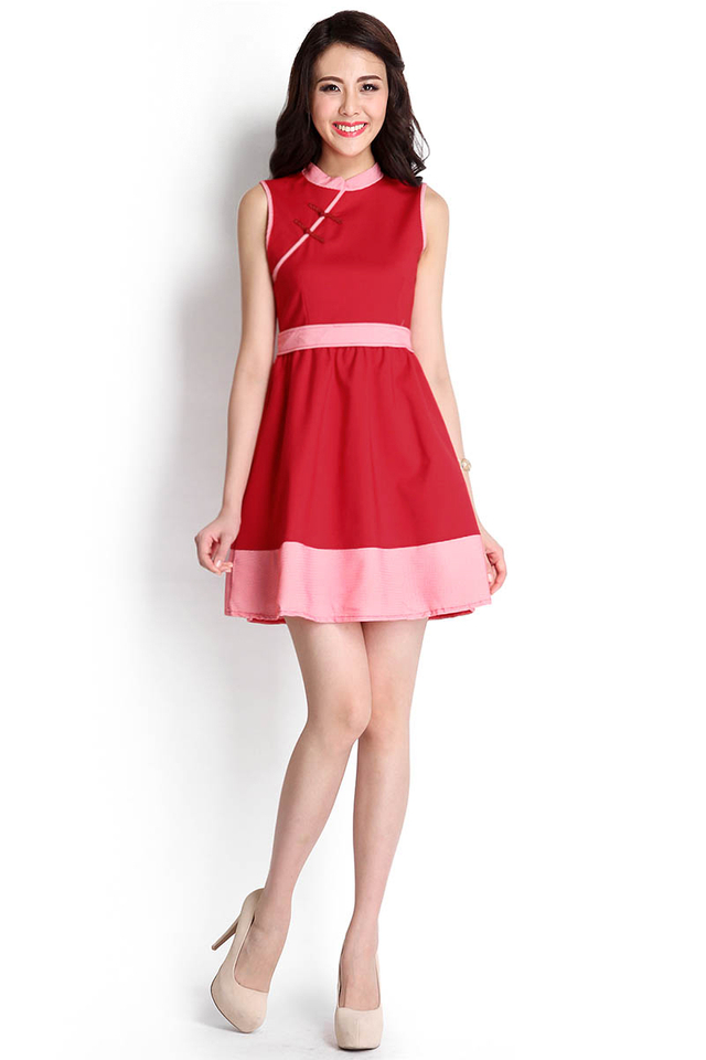 Candy Cane Cheongsam Dress In  Rose Red