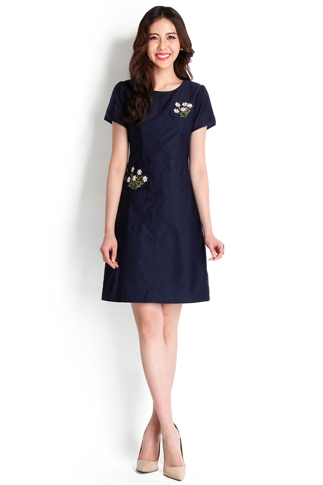 A Pocket Of Blooms Dress In Navy Blue