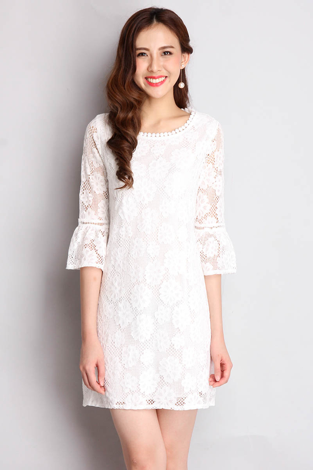 Precious Solitaire Dress In White Crochet Lace