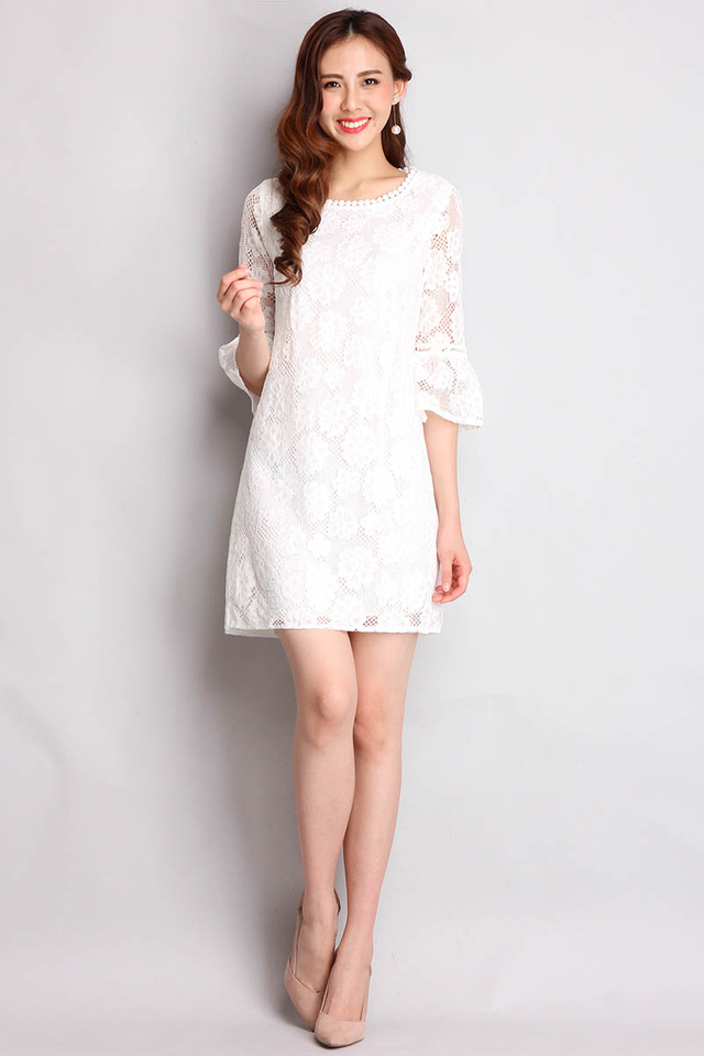 Precious Solitaire Dress In White Crochet Lace
