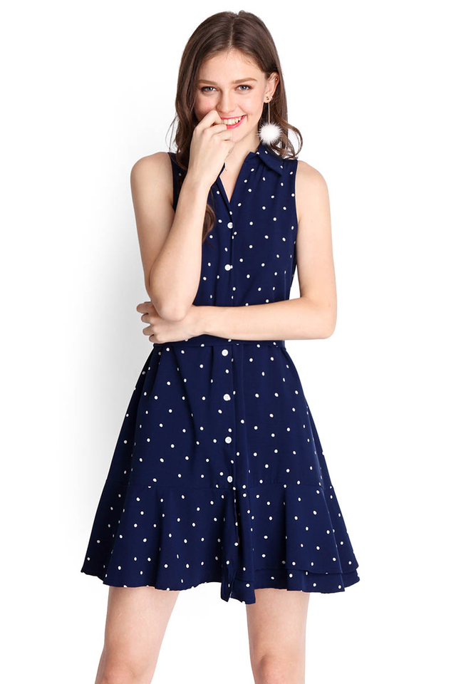 [BO] Moonlight Shenanigans Dress In Blue Polka Dots