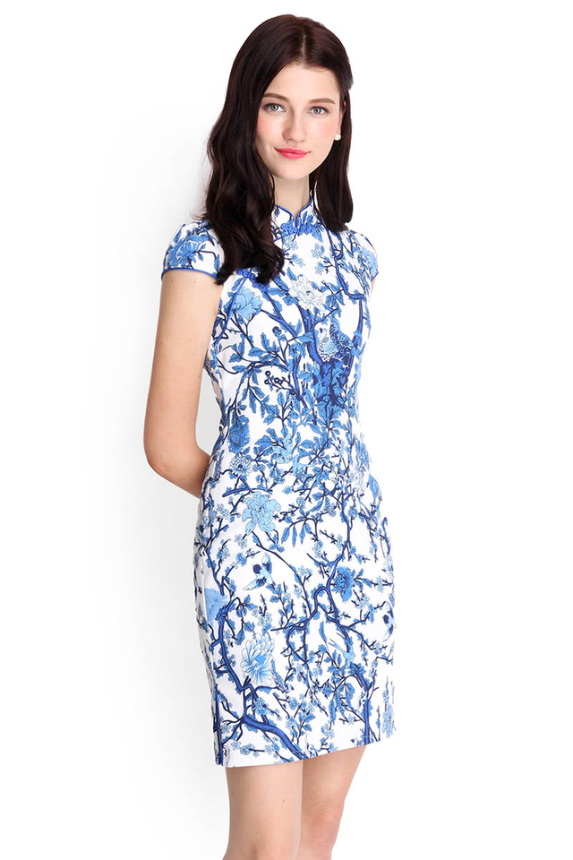 Oriental Dreams Cheongsam Dress In Blue Florals