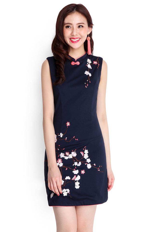 Cherry Blossoms Cheongsam Dress In Midnight Blue