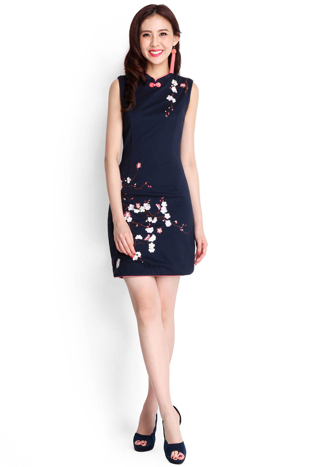 Cherry Blossoms Cheongsam Dress In Midnight Blue