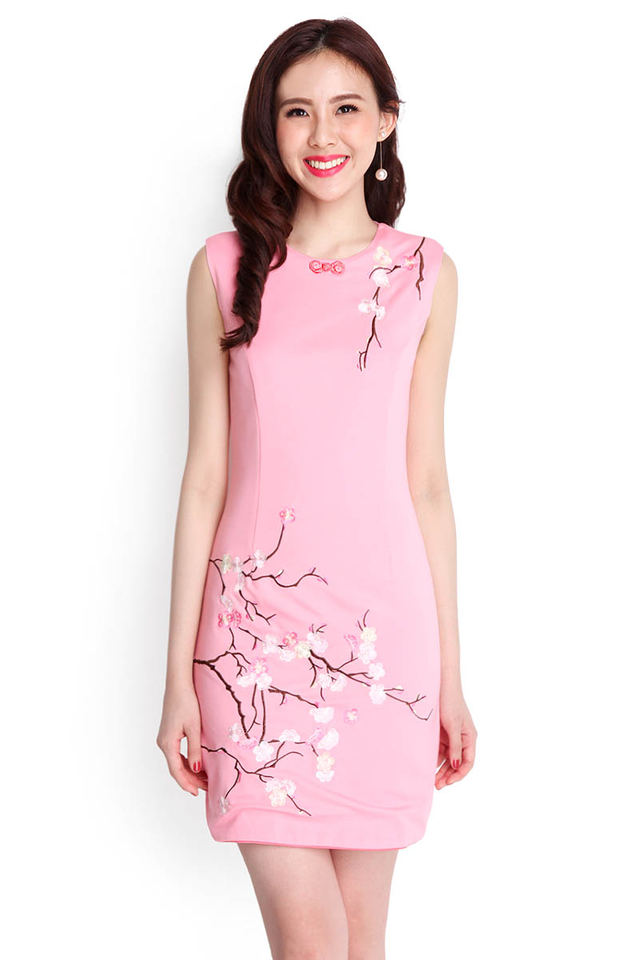 Cherry Blossoms Cheongsam Dress In Soft Pink