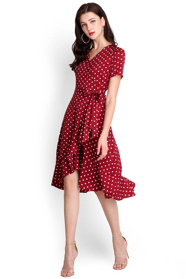 [BO] Sealed With A Kiss Dress In Wine Dots