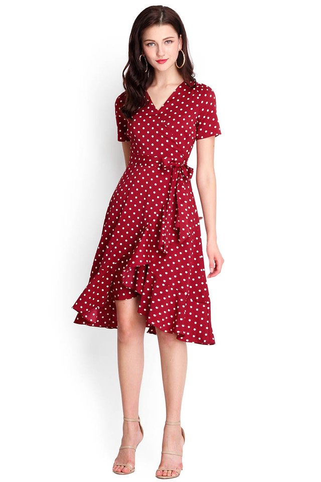 Sealed With A Kiss Dress In Wine Dots