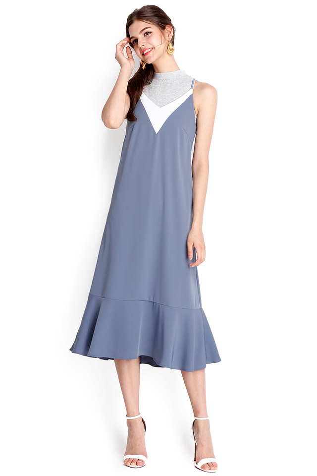 Good Vibes Only Dress In Muted Blue