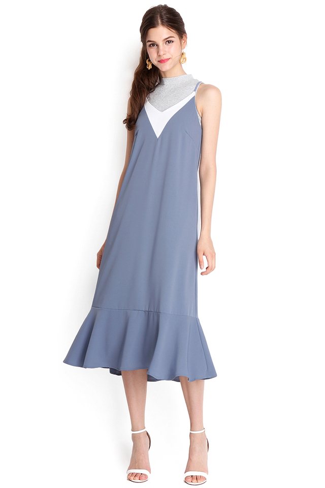 Good Vibes Only Dress In Muted Blue