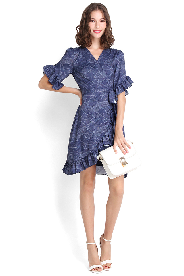 Tousled Waves Dress In Navy Prints