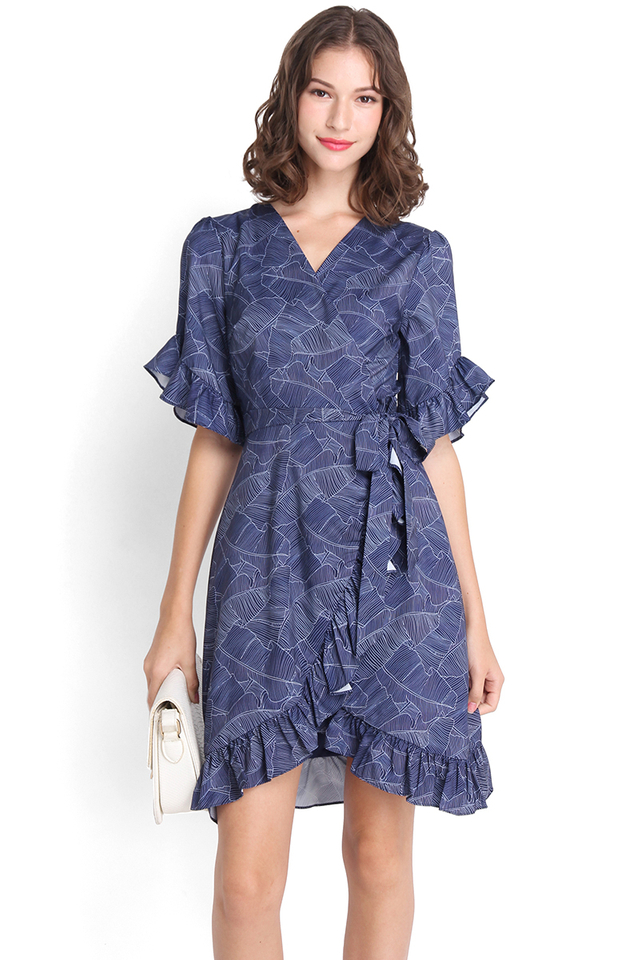 Tousled Waves Dress In Navy Prints