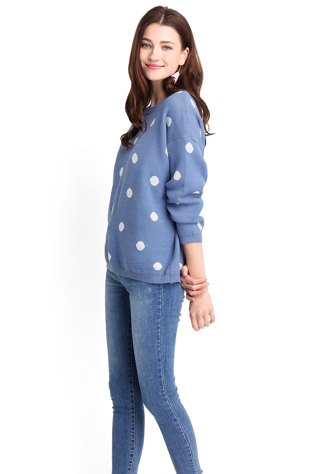 Winter Holiday Top In Blue Polka Dots