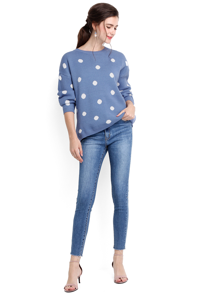 Winter Holiday Top In Blue Polka Dots