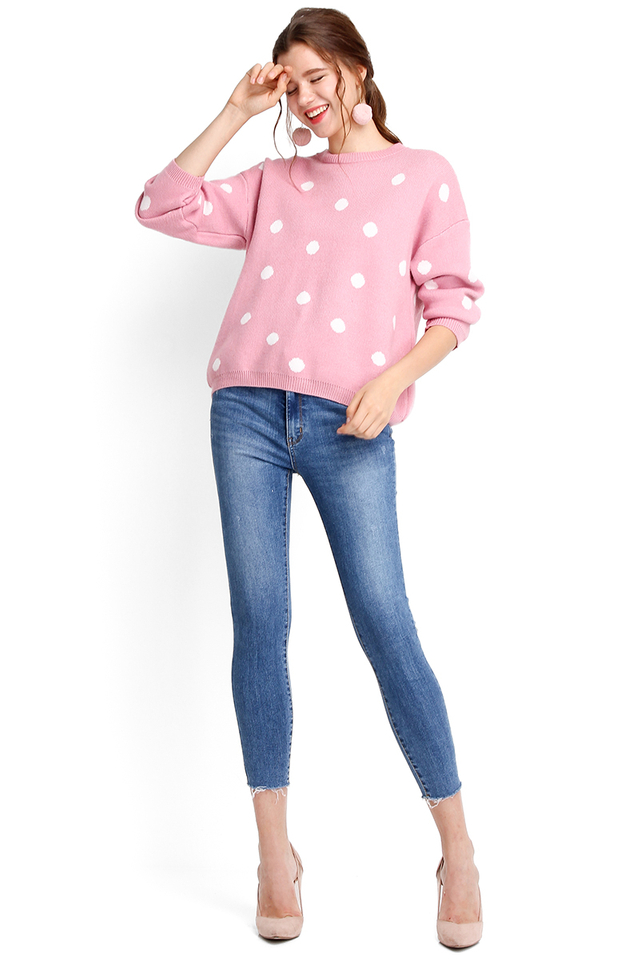 Winter Holiday Top In Pink Polka Dots 