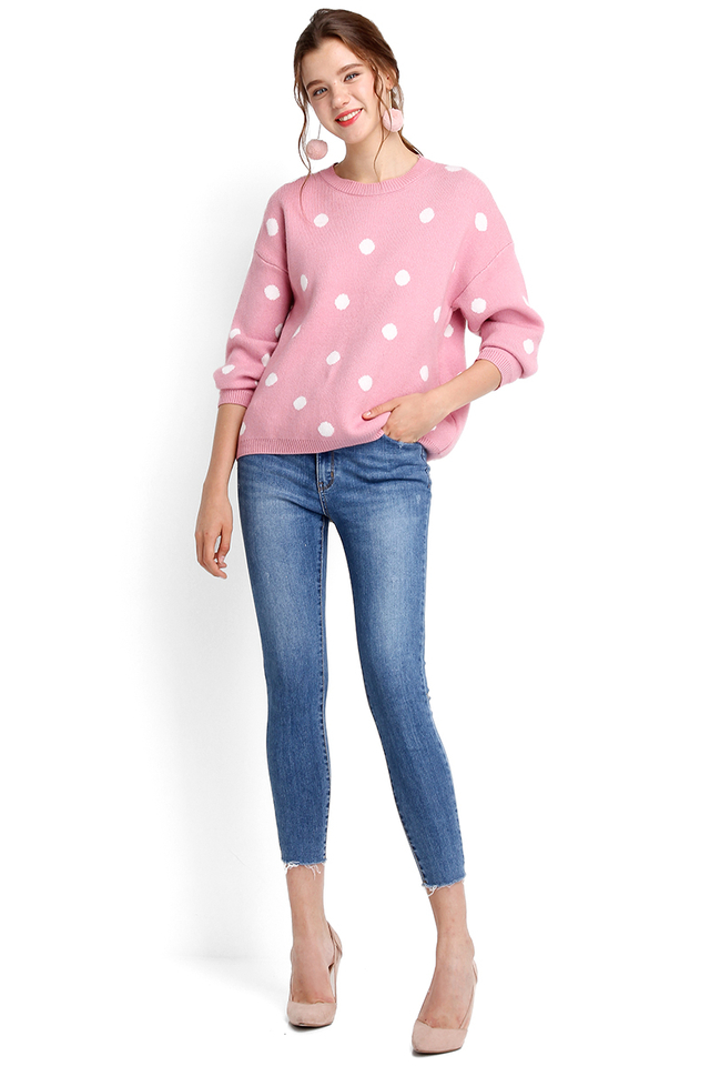 Winter Holiday Top In Pink Polka Dots 