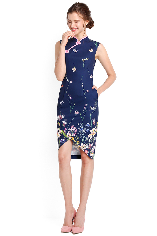 Picture Perfect Cheongsam Dress In Navy Florals