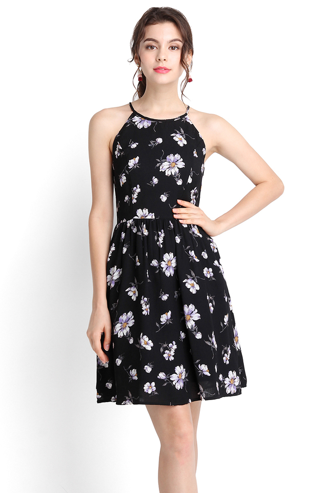 French Romanticism Dress In Black Florals