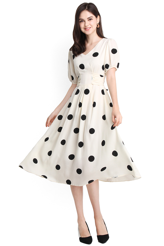 Romance In The Rain Dress In Cream Polka Dots