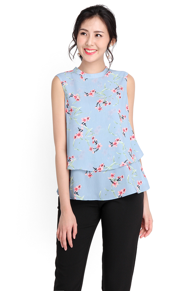 Charming Cottage Top In Blue Florals